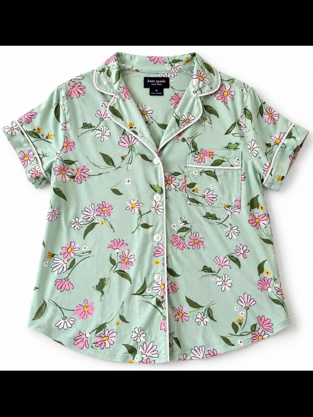 Kate Spade New York Floral Pajama Top Women’s M Mint Pink Short Sleeve Piping